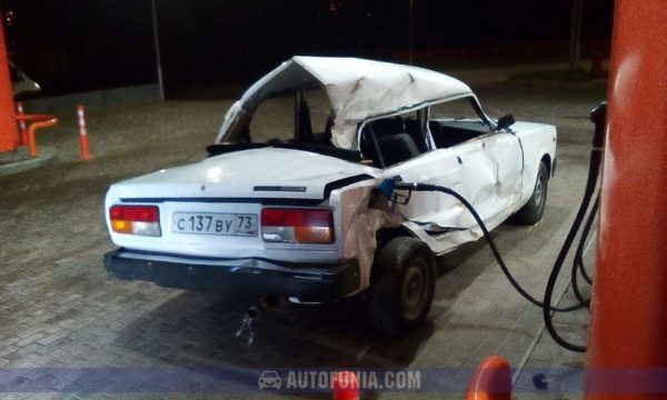 damaged lada at petrolstation